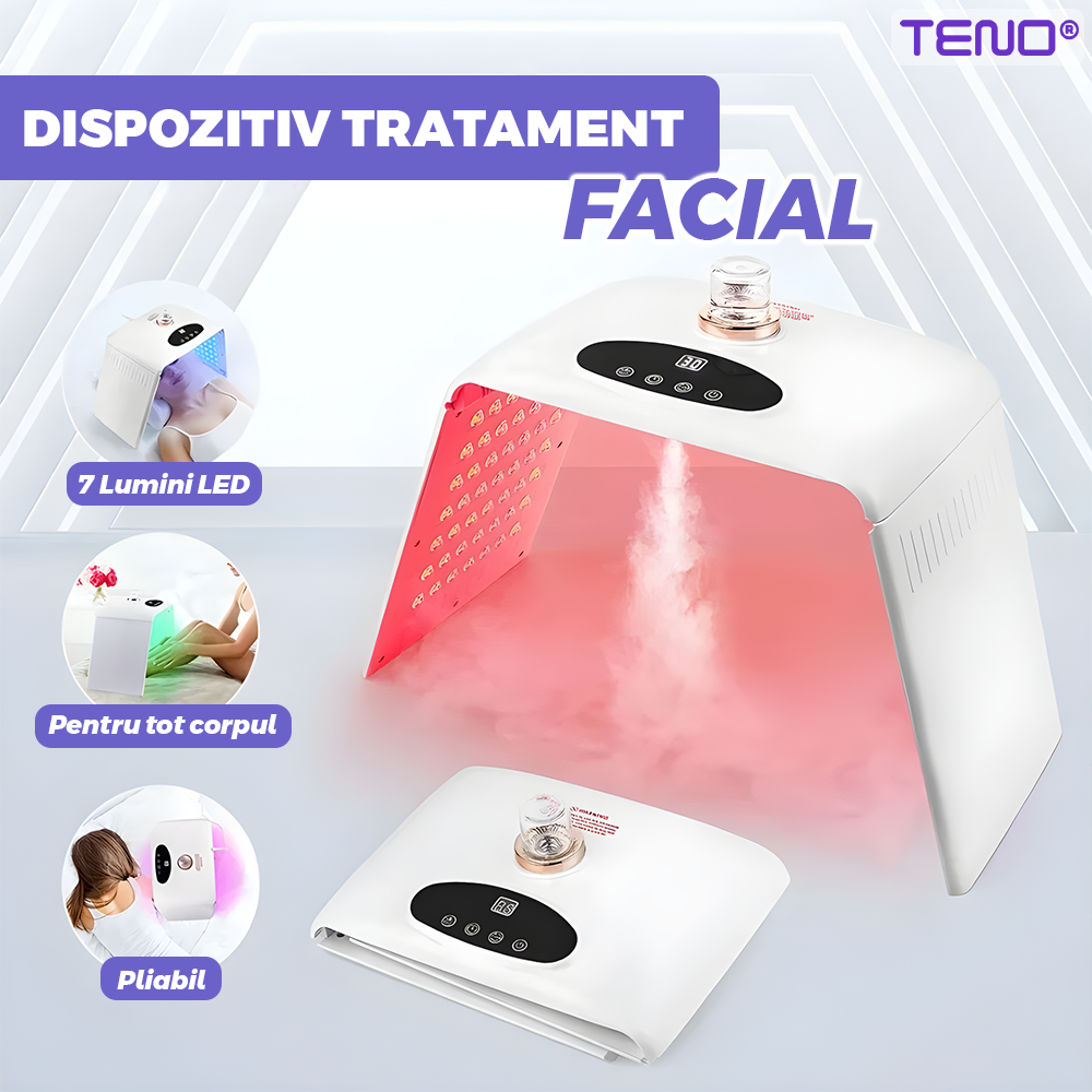 Dispozitiv de Infrumusetare cu Spray Teno®, 7 in 1, ingrijire faciala, tratament cu LED-uri cu 7 culori, intretinerea pielii, hidratare nano, pliabil, usor de utilizat, 205 LED-uri, alb