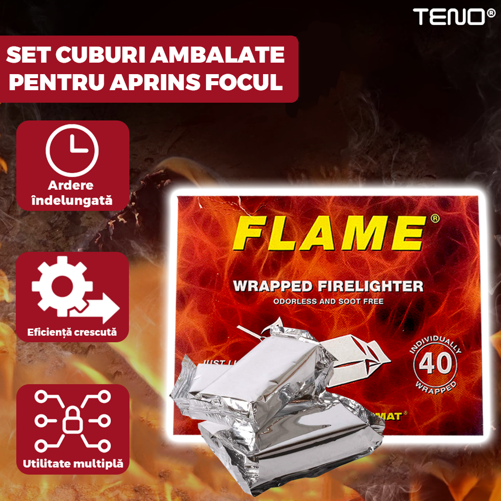 Set 40 Cuburi pentru Aprins Focul Teno®, pastile aprinzatoare ambalate individual, fara miros, timp indelungat de ardere de 8+ minute, incalzire centrala, seminee, sobe, camping, drumetii