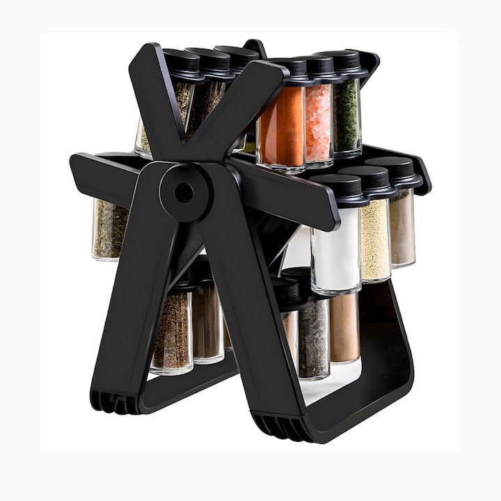 Organizator condimente rotativ Macvi®, suport ABS, 18 borcane sticla, design elegant, economisire spatiu, negru