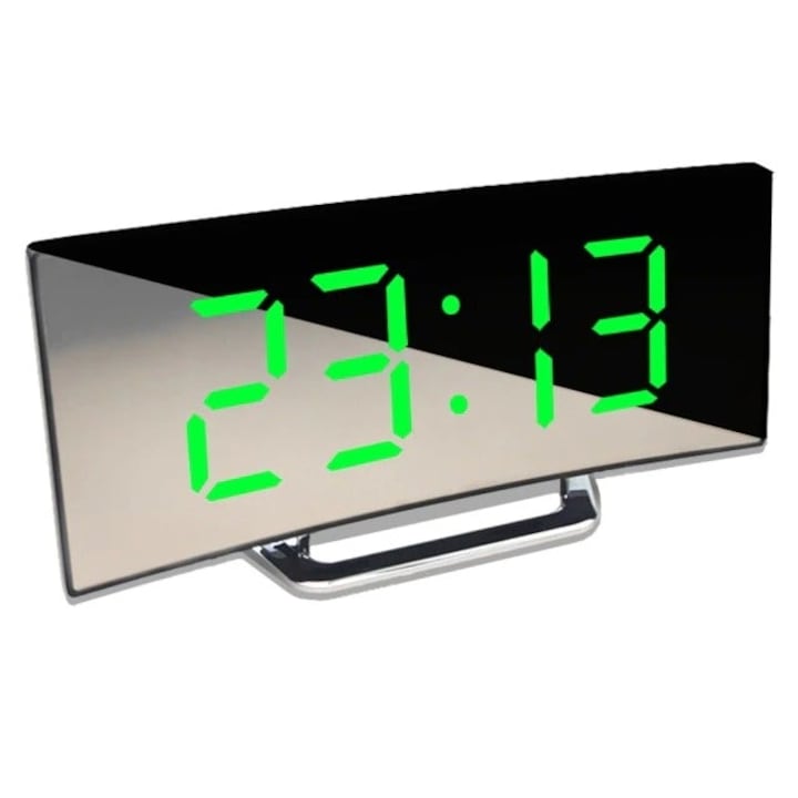 Ceas de masa tip oglinda Macvi® , model DT-6507, ecran LED curbat, afisare temperatura, Verde