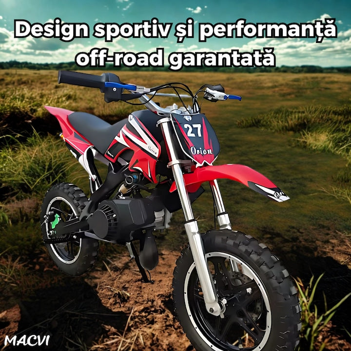 Motocicleta cross Macvi® pentru copii 49cc cu roti groase pornire usoara si motor pe benzina ideala pentru off road, Rosu