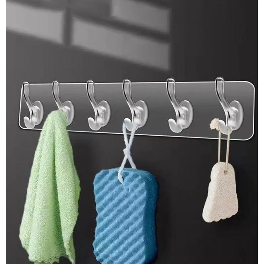 Suport pentru Perete Macvi®,  6 Carlige  Adeziv Transparent, Plastic