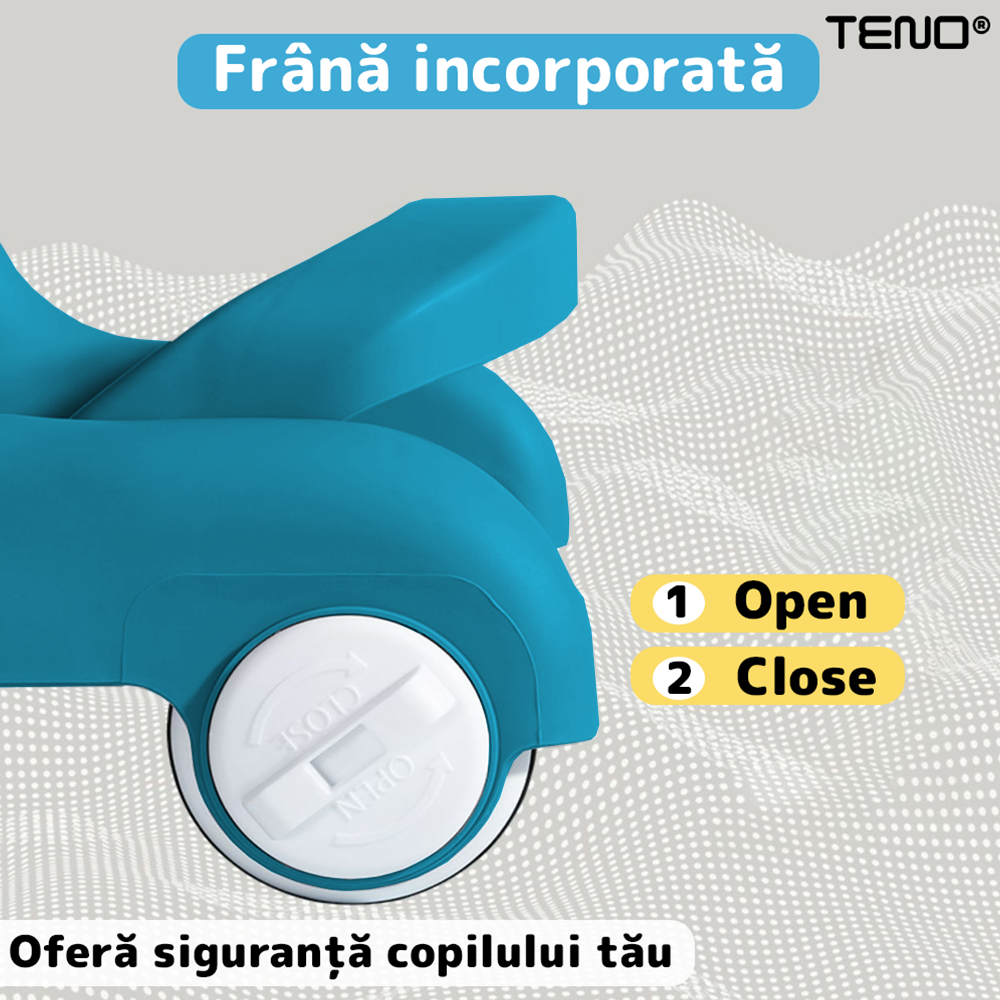 Premergator Multifunctional pentru Bebelusi Teno®, tava cu 3 jucarii, muzica, reglabil, pliabil, greutate max 20kg, 6-36 luni, albastru