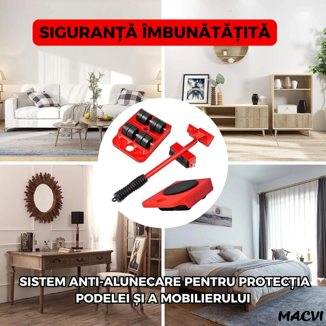 Set levier cu role si 4 suporturi pivotante Macvi®, cu roti pentru mobilier si electrocasnice, capacitate totala 600 kg