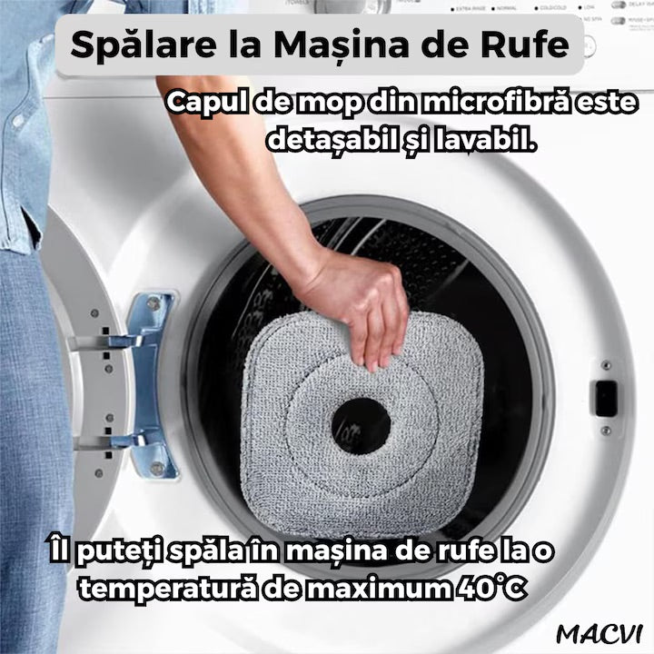 Mop Rotativ Macvi® cu Galeata, 2 lavete microfibra, functie de autocuratare, Rotatie 360°, Stoarcere Automata, Gri Deschis