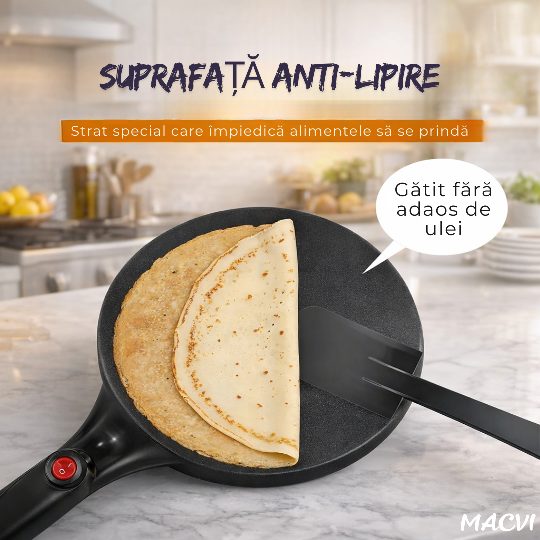 Tigaie electrica pentru clatite fara ulei Macvi® 600W antiaderenta diametru 20 cm cu termostat automat si maner ergonomic