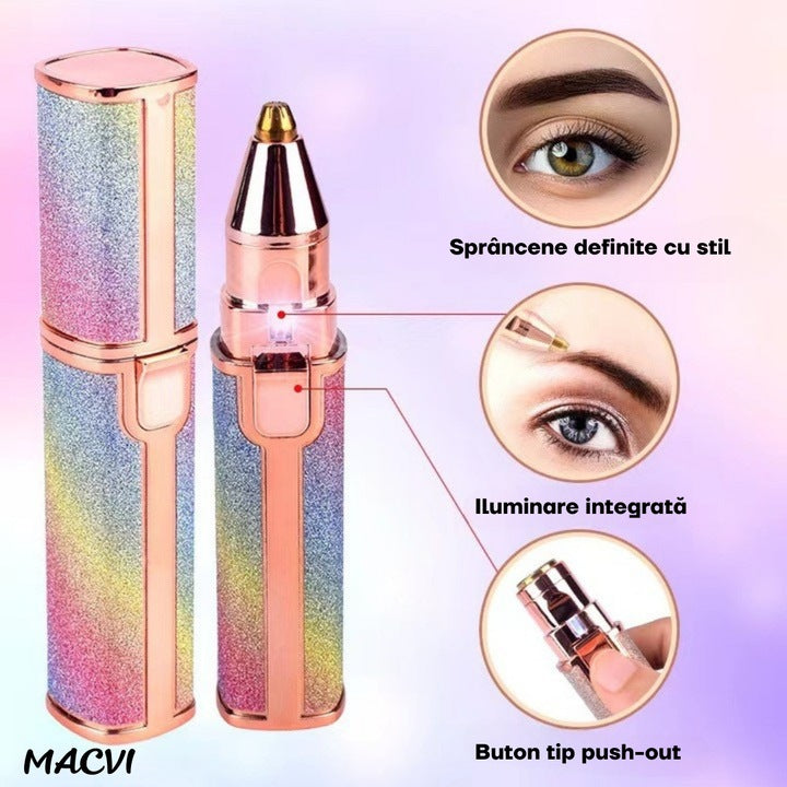 Epilator Facial Macvi® Reincarcabil 2in1 Trimmer Sprancene si Puf, Iluminare LED, Portabil, USB, Potrivit Pentru Toate Zonele Corpului