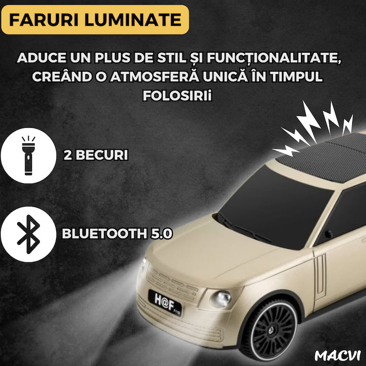 Boxa Portabila Macvi®, Bluetooth 5.0 cu design de masina, faruri luminate, incarcare usb si panou solar, functie suport pentru telefon, bej