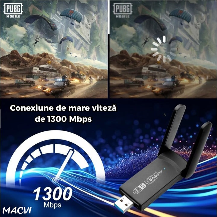 Adaptor wireless Macvi® usb 3.0 dual band 2.4 si 5 ghz 1200 mbps cu antene externe compatibil windows linux mac