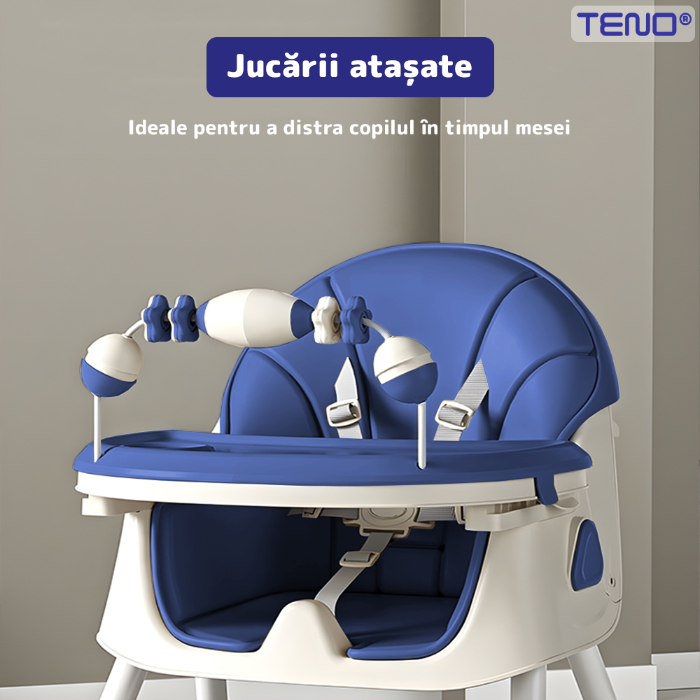 Scaun de Masa 3in1 pentru Bebelusi si Copii Teno®, centura de siguranta in 5 puncte, tavita reglabila si detasabila, loc depozitare jucarii, albastru inchis