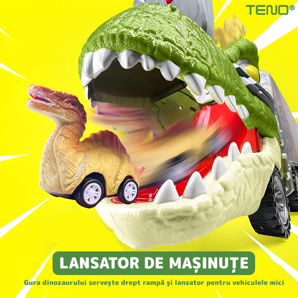 Set Camion Trailer de Jucarie pentru Transport Teno®, T-REX, 6 vehicule incluse, masina, barca, elicopter, accesorii mobile, lansator si rampa frontala, platforma tractare, verde deschis