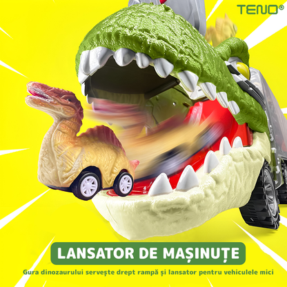 Set Camion Trailer de Jucarie pentru Transport Teno®, T-REX, 6 vehicule incluse, masina, barca, elicopter, accesorii mobile, lansator si rampa frontala, platforma tractare, verde deschis