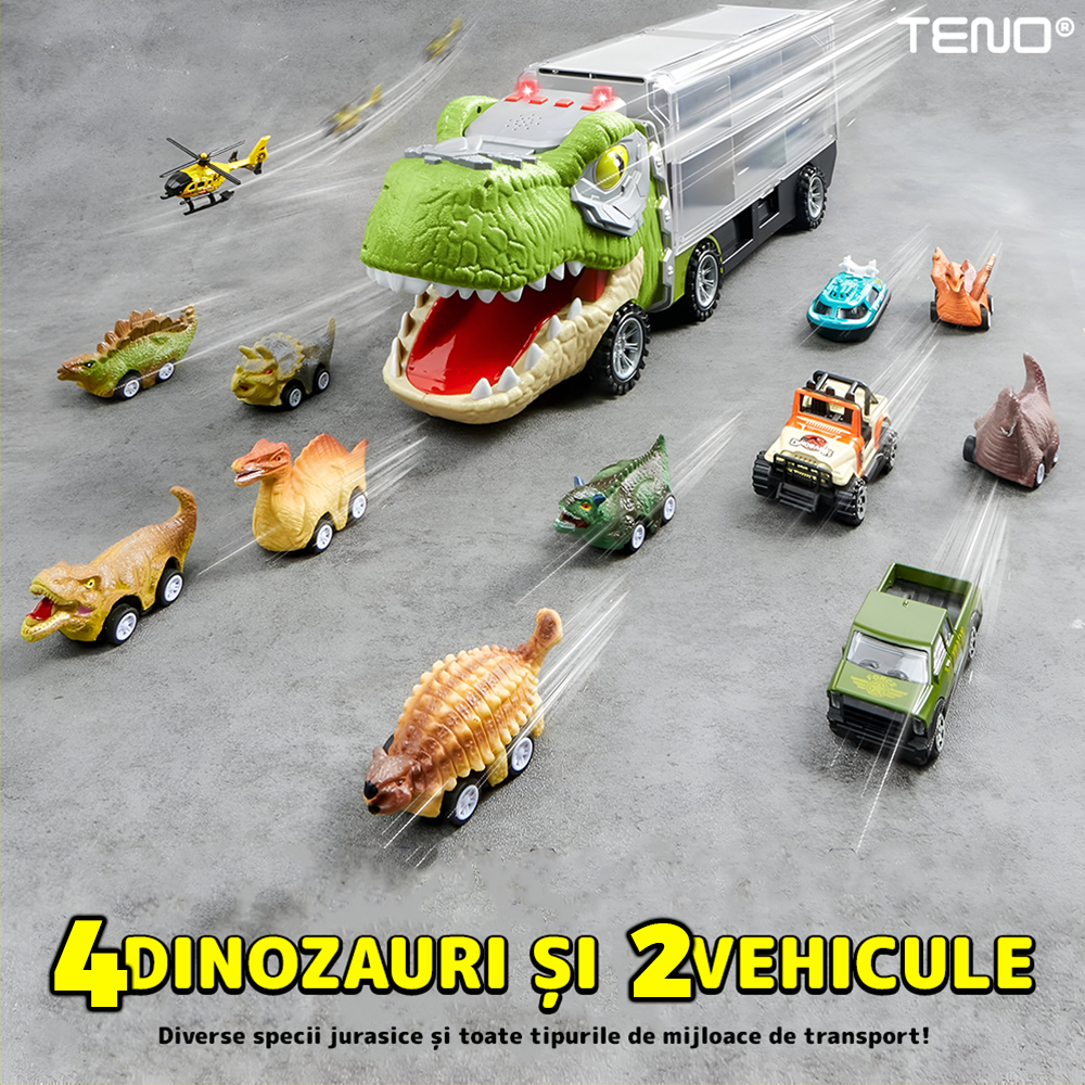 Set Camion Trailer de Jucarie pentru Transport Teno®, T-REX, 6 vehicule incluse, masina, barca, elicopter, accesorii mobile, lansator si rampa frontala, platforma tractare, verde deschis
