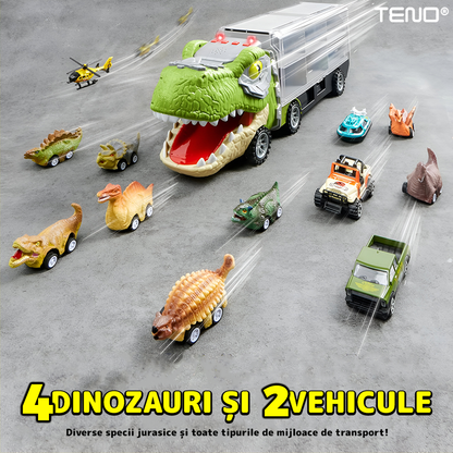 Set Camion Trailer de Jucarie pentru Transport Teno®, T-REX, 6 vehicule incluse, masina, barca, elicopter, accesorii mobile, lansator si rampa frontala, platforma tractare, verde deschis