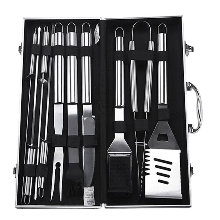 Set 10 ustensile pentru gratar Macvi® din otel inoxidabil premium, geanta transport aluminiu captusita, accesorii pentru un gratar reusit