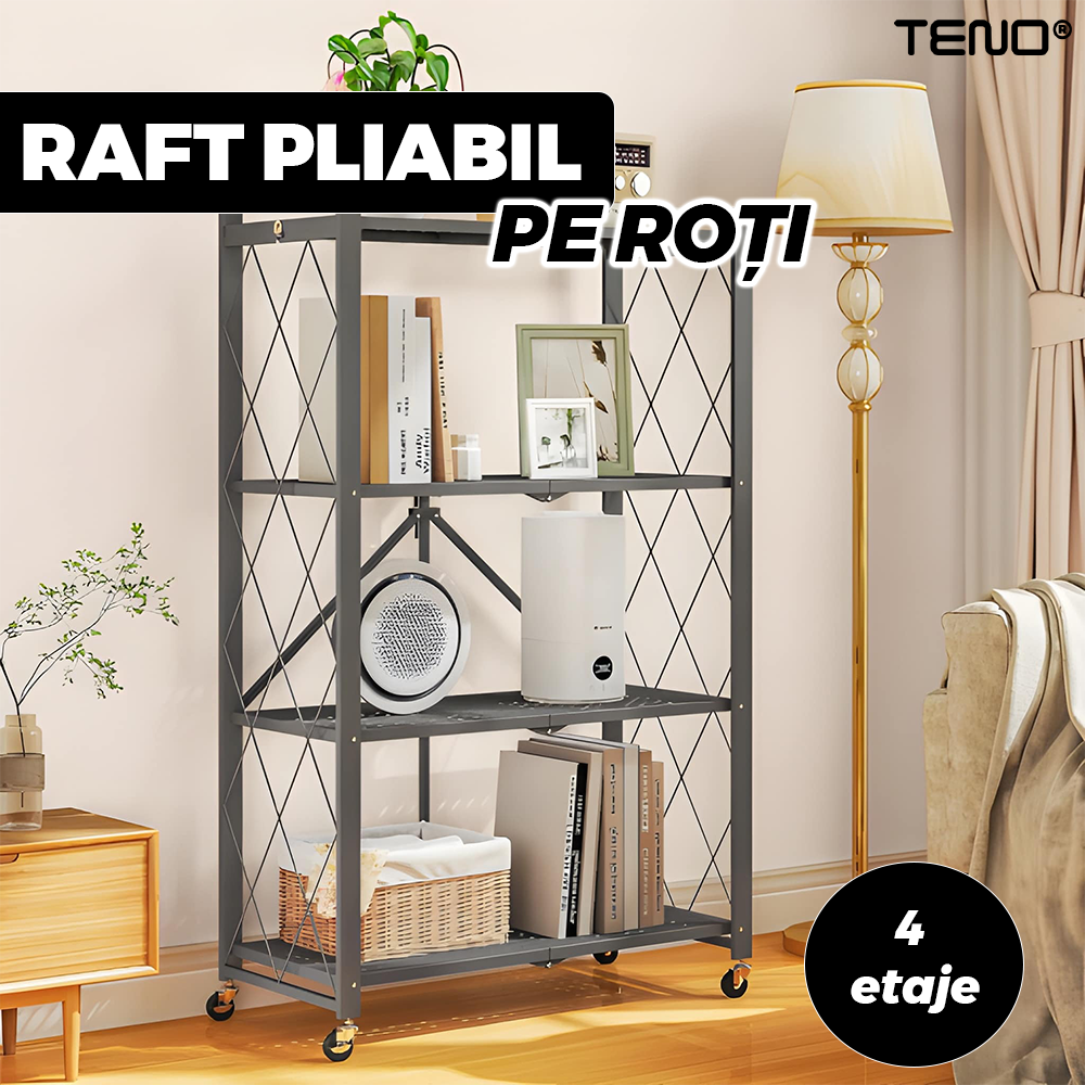 Raft universal, Teno, 4 polite, pliabil, pe roti, metal, negru, 119 cm