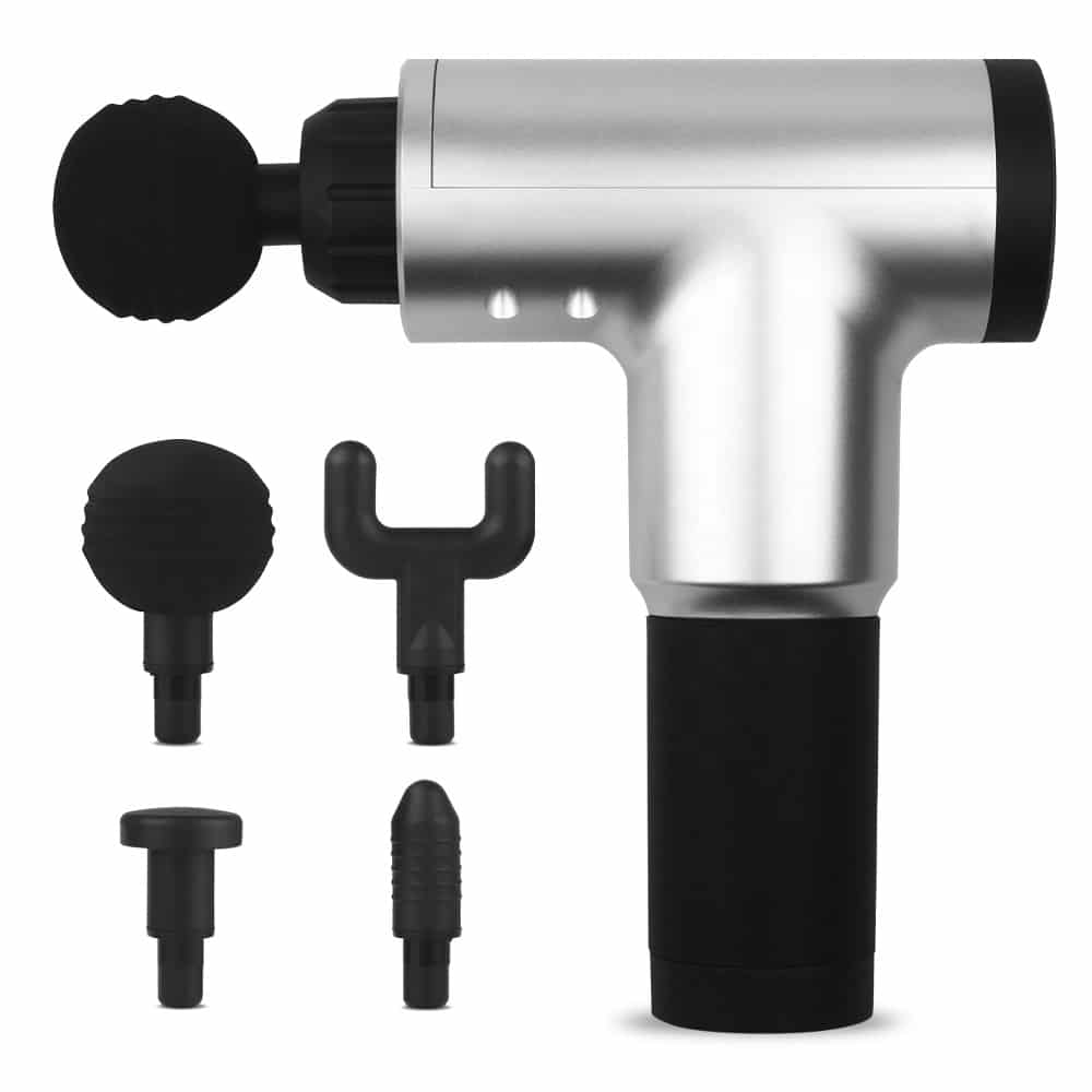 Aparat de Masaj Tip Pistol Macvi® , Cu 4 Capete Interschimbabile, 6 Trepte de Viteza, Autonomie 4 ore, 24W, 3400 RPM, Gri