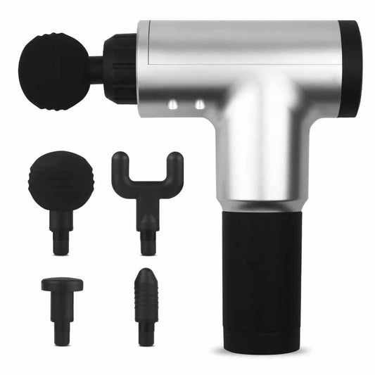Aparat de Masaj Tip Pistol Macvi® , Cu 4 Capete Interschimbabile, 6 Trepte de Viteza, Autonomie 4 ore, 24W, 3400 RPM, Gri