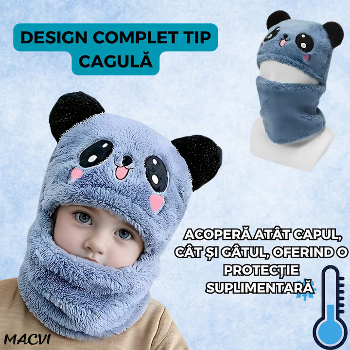Caciula pentru copii tip cagula Macvi® 2 in 1, tematica lumea animalelor, model ursulet panda zambitor, 1-5 ani, albastru