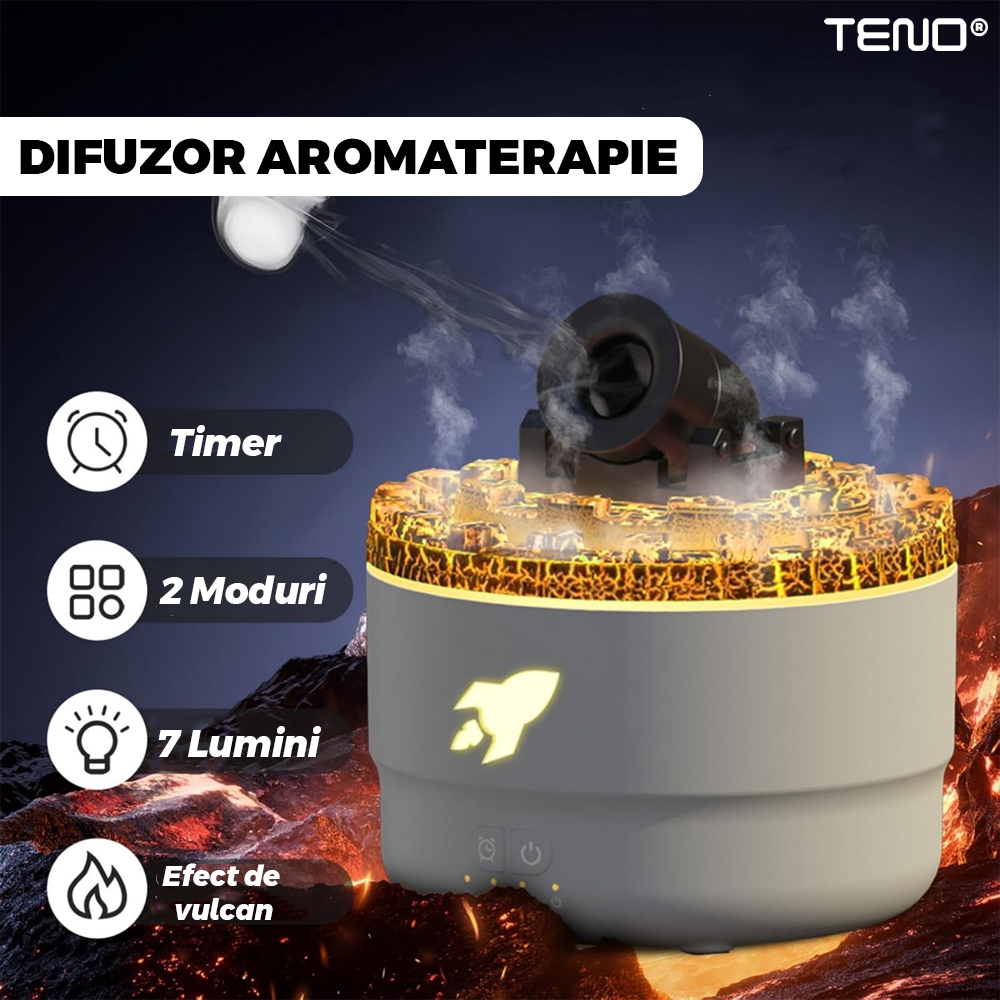 Difuzor Aromaterapie Teno®, forma de tun, 7 culori LED, lumini dinamice, control tactil, capacitate 300ml, silentios, rezerva inclusa, umidifica aerul, alb