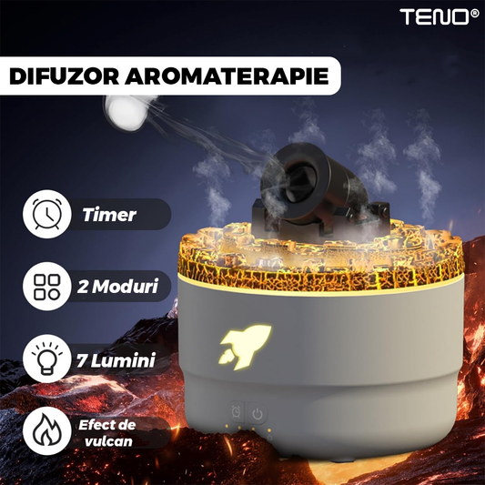 Difuzor Aromaterapie Teno®, forma de tun, 7 culori LED, lumini dinamice, control tactil, capacitate 300ml, silentios, rezerva inclusa, umidifica aerul, alb