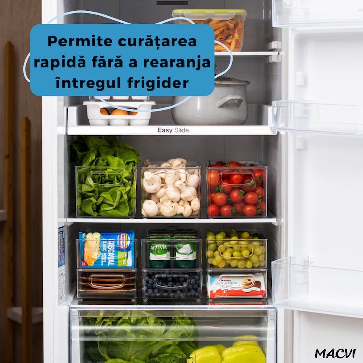 Set 6 organizatoare Macvi® pentru frigider, ABS durabil, fara BPA, stocabile, cu manere integrate, 26×15 cm, transparente