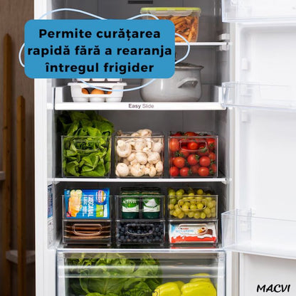 Set 6 organizatoare Macvi® pentru frigider, ABS durabil, fara BPA, stocabile, cu manere integrate, 26×15 cm, transparente