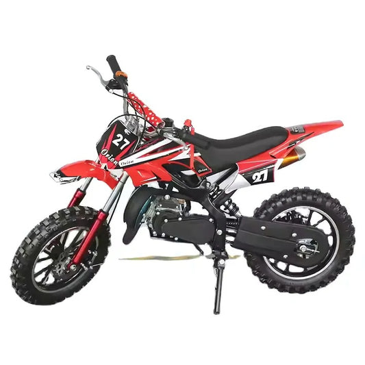 Motocicleta cross Macvi® pentru copii 49cc cu roti groase pornire usoara si motor pe benzina ideala pentru off road, Rosu