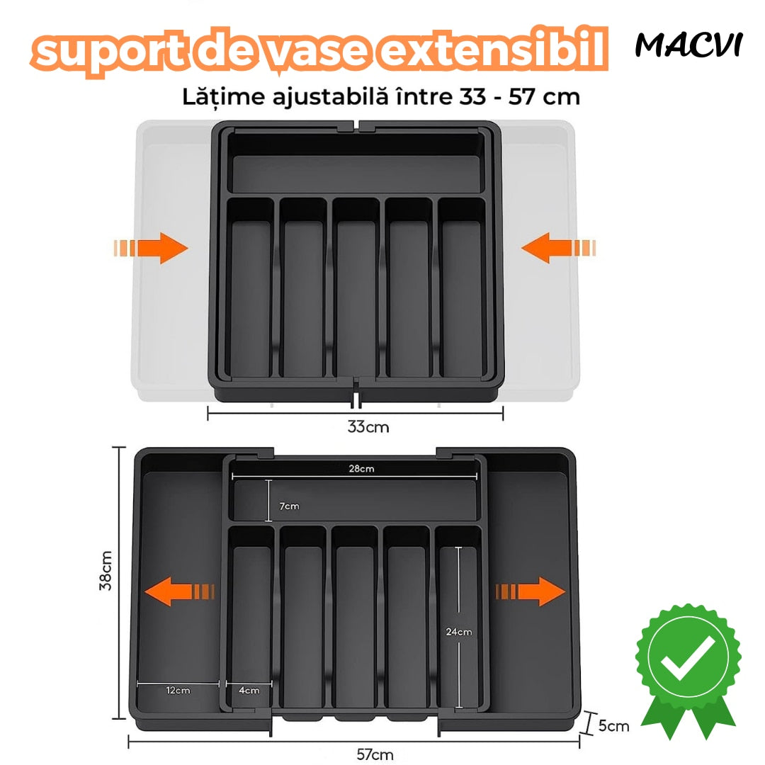 Organizator tacamuri sertar extensibil Macvi® 8 compartimente bloc pentru cutite detasabil negru