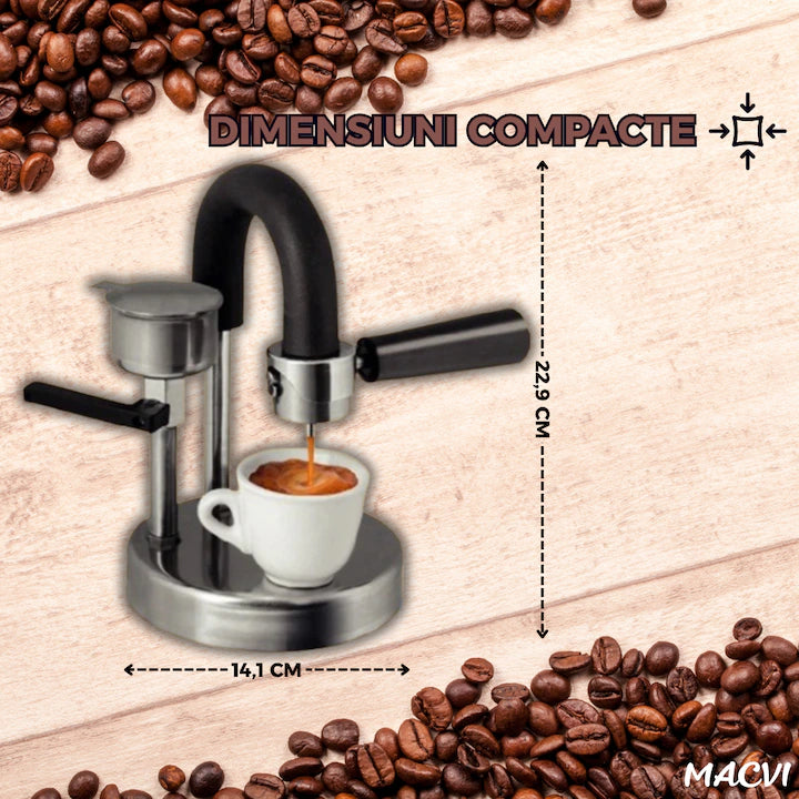 Espressor manual Kamira MACVI®, din inox 100%, presiune 4-5 bari, portabil, fara curent, filtru de inox pentru 1 si 2 cesti cafea, compatibil aragaz si resou