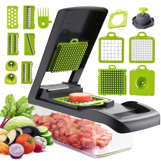 Razatoare Multifunctionala 15 in 1 Macvi®, 20 Piese, 13 Tipuri de Feliere, Ideala pentru Fructe, Legume si Branzeturi, Otel Inoxidabil, Verde/Gri