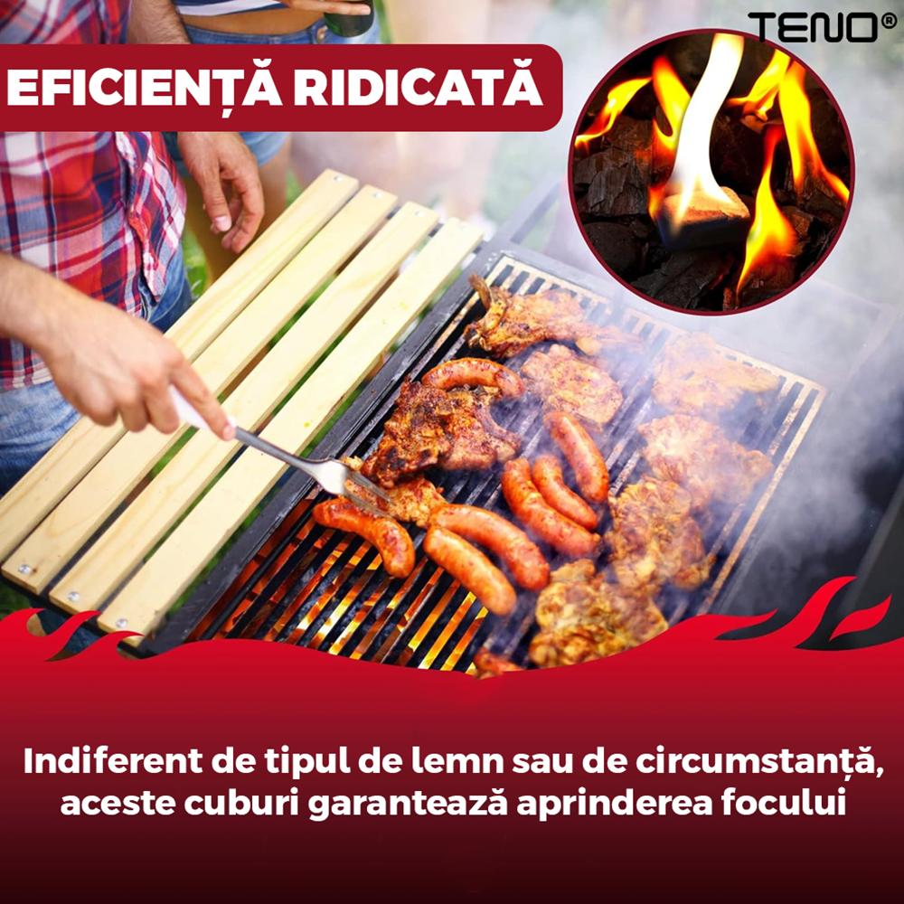 Set 40 Cuburi pentru Aprins Focul Teno®, pastile aprinzatoare ambalate individual, fara miros, timp indelungat de ardere de 8+ minute, incalzire centrala, seminee, sobe, camping, drumetii