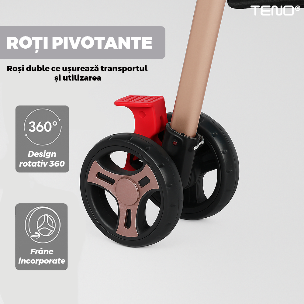 Carucior Sport pentru Bebelusi Teno®, pliabil, usor de carat, spatios, copertina retractabila, greutate maxima suportata 25 kg, gri deschis