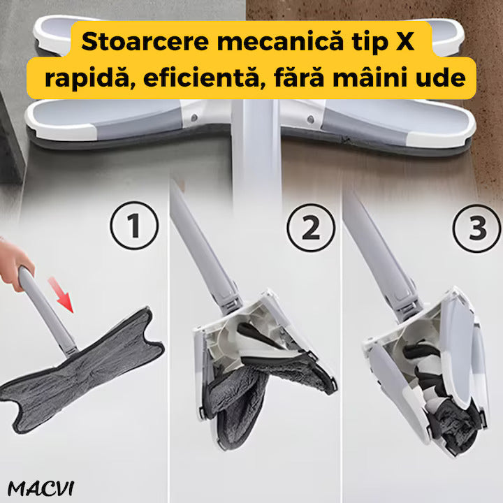 Mop Dreptunghiular Macvi® cu Stoarcere Integrata 2 Lavete Reutilizabile Microfibra, Cap Plat, Curatare Usoara Podele, Albastru