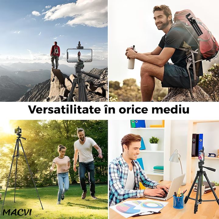 Trepied Universal Macvi® 360 foto video reglabil 55-160 cm cu cap pivotant si husa transport