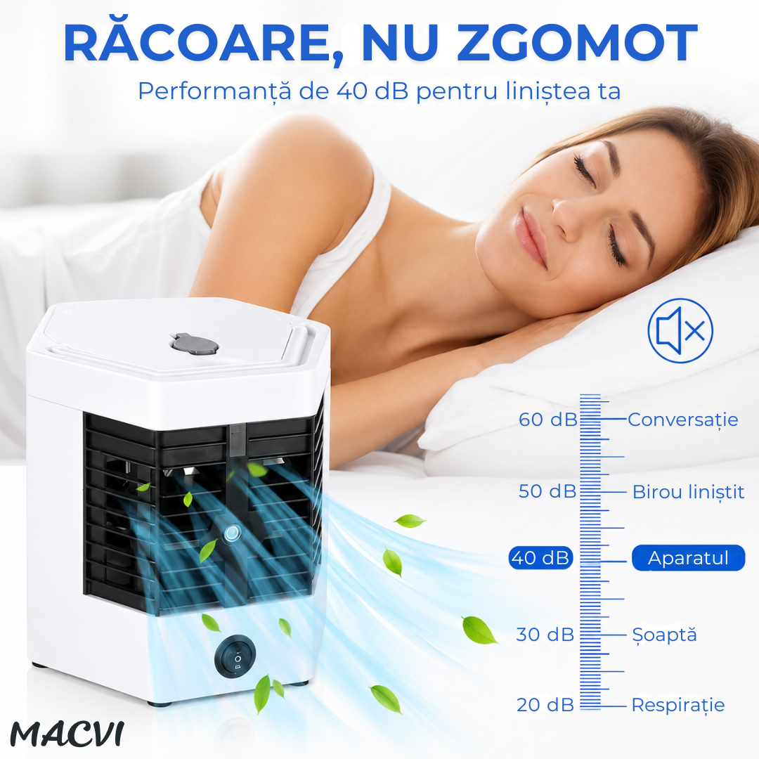 Mini aer condiționat portabil cu apă MACVI®, răcire, umidificare și purificare aer, 10W, USB, rezervor 400 ml, 2 trepte de viteză, autonomie până la 8 ore, alb