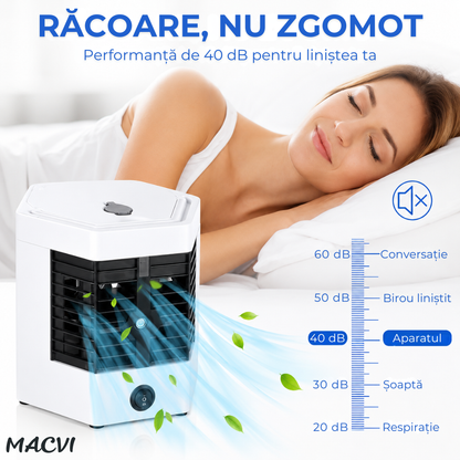 Mini aer condiționat portabil cu apă MACVI®, răcire, umidificare și purificare aer, 10W, USB, rezervor 400 ml, 2 trepte de viteză, autonomie până la 8 ore, alb