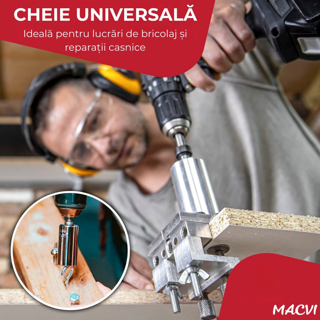 Adaptor cheie universala Macvi® 7-19 mm cu pini metalici ajustabili cap tubular multifunctional din otel aliat pentru bormasina si clichet, prindere ferma pe suruburi uzate