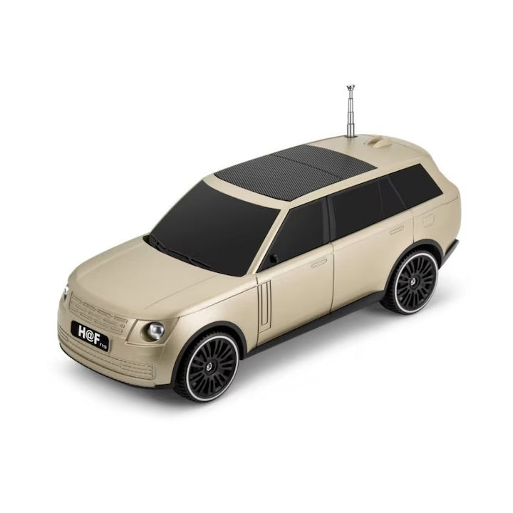 Boxa Portabila Macvi®, Bluetooth 5.0 cu design de masina, faruri luminate, incarcare usb si panou solar, functie suport pentru telefon, bej