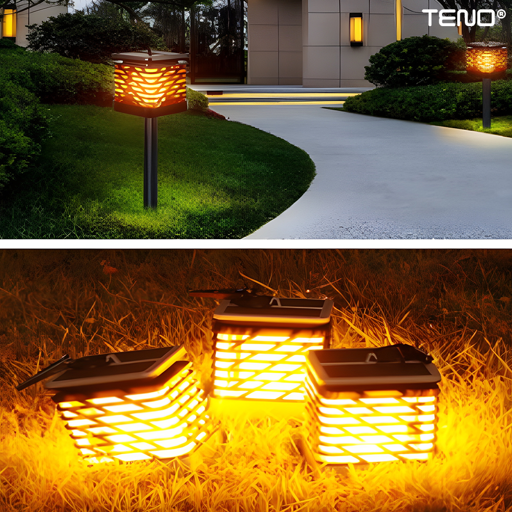Lampa Solara Tip Flacara Teno®, pentru gradina, balcon, exterior, panou solar rezistent, efect de flacara, incarcare diurna, autonomie 8-12 ore, baterie niMH, protectie IP65 waterproof, negru
