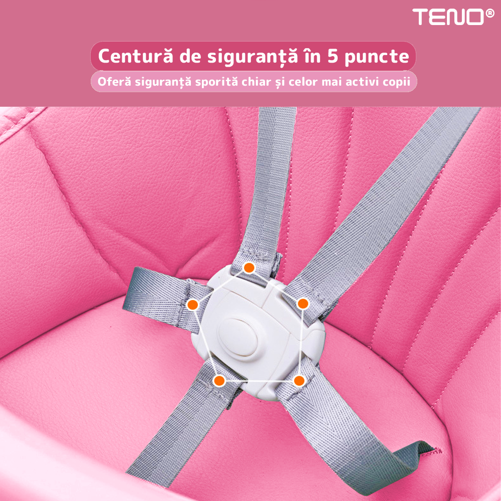 Scaun de Masa 3in1 pentru Bebelusi si Copii Teno®, centura de siguranta in 5 puncte, tavita reglabila si detasabila, loc depozitare jucarii, roz pastel