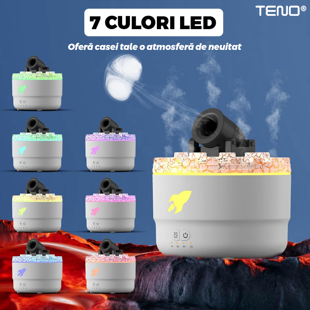 Difuzor Aromaterapie Teno®, forma de tun, 7 culori LED, lumini dinamice, control tactil, capacitate 300ml, silentios, rezerva inclusa, umidifica aerul, alb