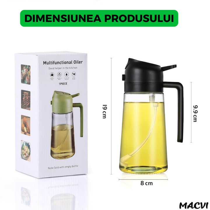 Sticla dozatoare ulei Macvi® 2 in 1, 470ml, cu pulverizator si turnare, control precis, sticla termorezistenta