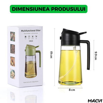 Sticla dozatoare ulei Macvi® 2 in 1, 470ml, cu pulverizator si turnare, control precis, sticla termorezistenta