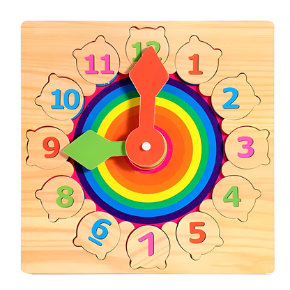Ceas Educativ din Lemn Teno®, cifre detasabile, imagini ascunse cu animale, ace de ceasornic rotative, culorile curcubelui, +3 ani, multicolor