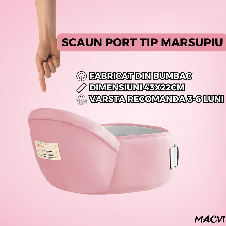 Suport port bebe Macvi® tip marsupiu, cu centura pentru talie, material bumbac premium, burete ergonomic, confortabil, 43 x 22 cm, roz