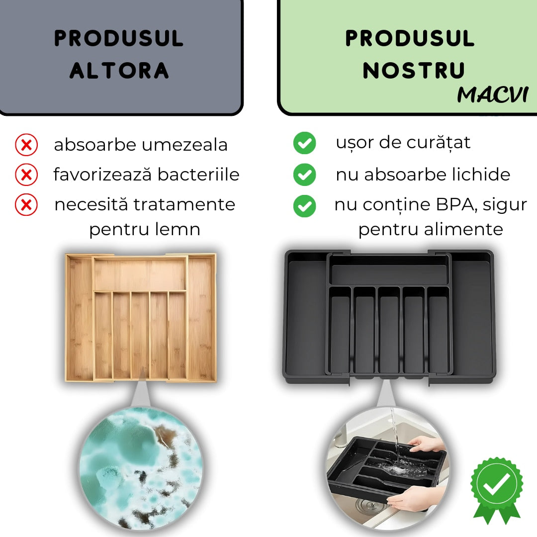 Organizator tacamuri sertar extensibil Macvi® 8 compartimente bloc pentru cutite detasabil negru