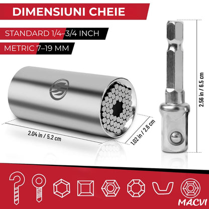 Adaptor cheie universala Macvi® 7-19 mm cu pini metalici ajustabili cap tubular multifunctional din otel aliat pentru bormasina si clichet, prindere ferma pe suruburi uzate
