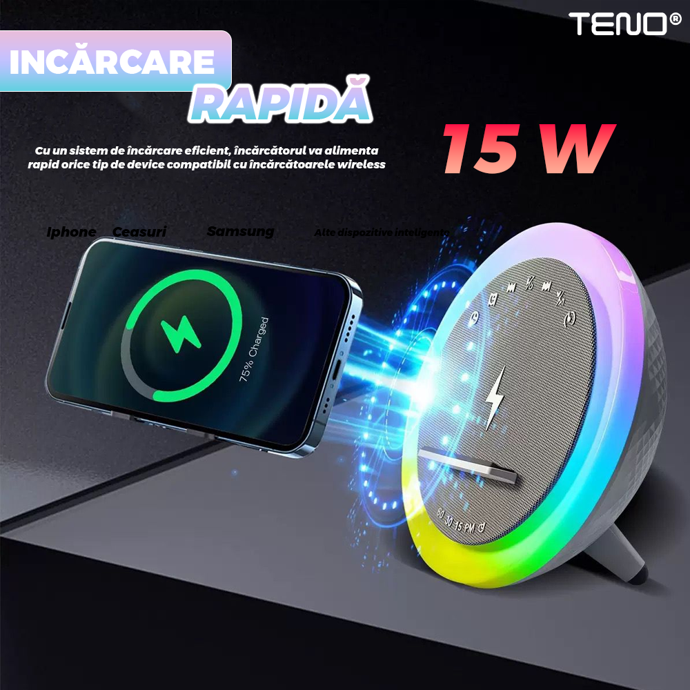 Boxa multifunctionala Mini Teno, lampa LED RGB, incarcator de gadgeturi wireless, functie de radio, functie de ceas, Bluetooth 5.3, design modern