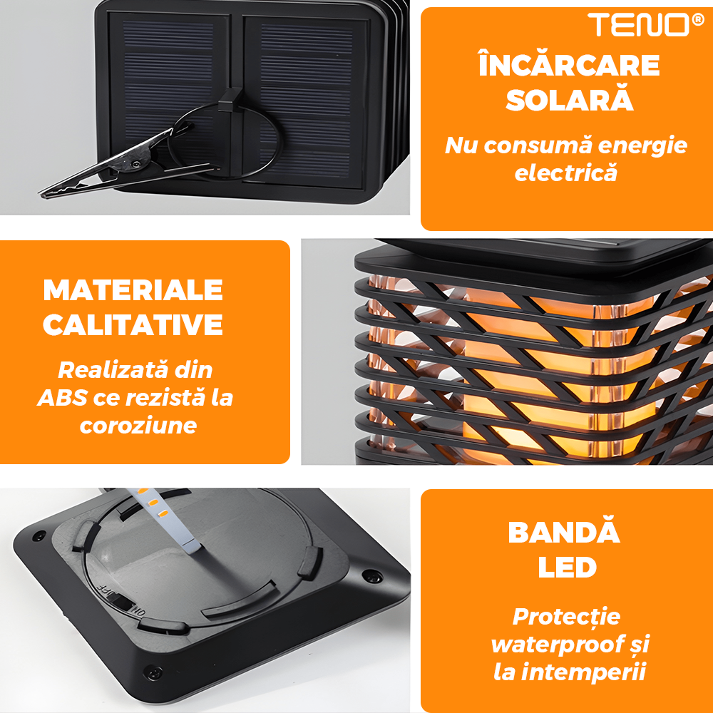 Lampa Solara Tip Flacara Teno®, pentru gradina, balcon, exterior, panou solar rezistent, efect de flacara, incarcare diurna, autonomie 8-12 ore, baterie niMH, protectie IP65 waterproof, negru